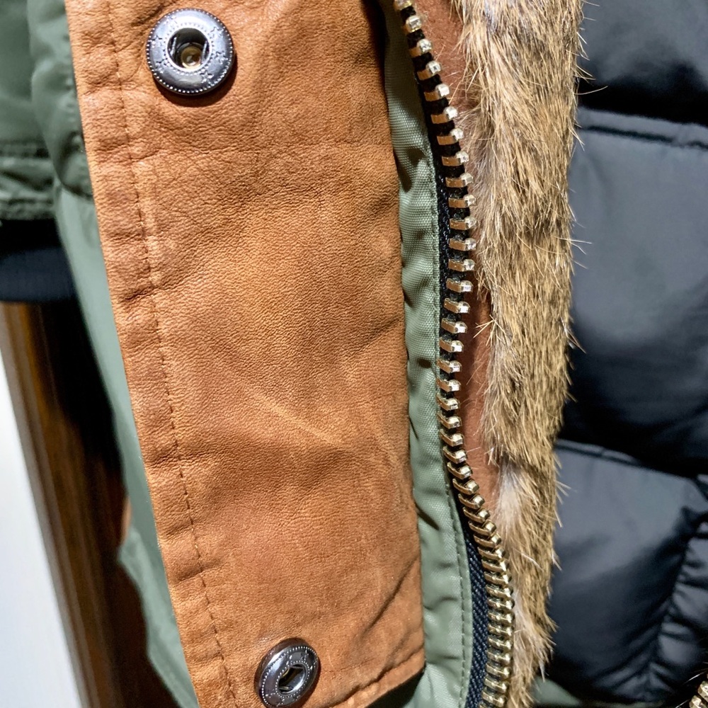 Exc Cond. Nicole Benisti Red Fur hood Olive Puffer luxury Coat szM (mid thigh) - Picture 8 of 8